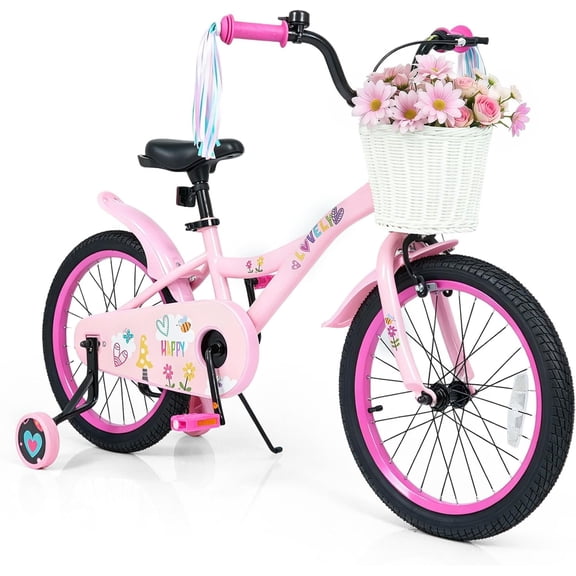 OLAKIDS Kids Bike, 12 14 16 18 Inch Sweet Heart Theme Girls Bicycle with Training Wheels Carry Handle Adjustable Handlebar Seat Basket Streamers