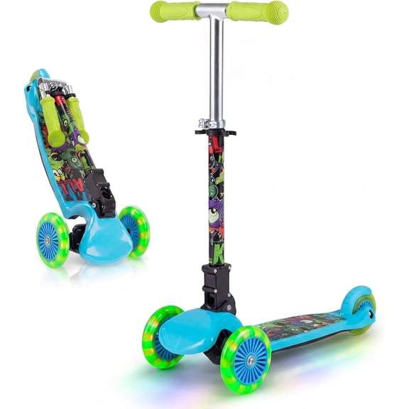 OLAKIDS Kids Kick Scooter with LED Front Wheels, 3-Level Adjustable Handlebars, Lean-to-Steer Design, Rear Foot Brake, Wide Anti Slip Deck, 3-Wheel Scooter for Kids Ages 2-5