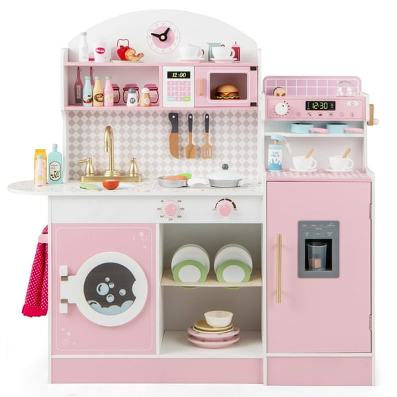 OLAKIDS Kids Kitchen Playset, Toddler Wooden Kitchen Pretend Cooking Toy Set with Coffee Maker Ice Machine Dishwasher Microwave Storage Cabinet, Simulation Play Kitchen for Boys Girls 3+