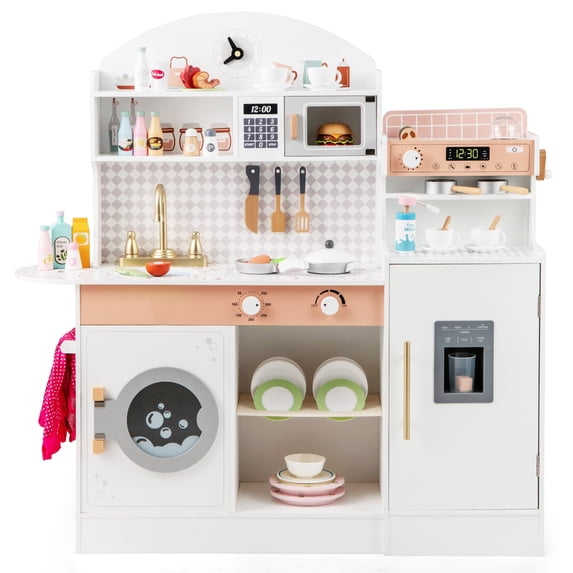 OLAKIDS Kids Kitchen Playset, Toddler Wooden Kitchen Pretend Cooking Toy Set with Coffee Maker Ice Machine Dishwasher Microwave Storage Cabinet, Simulation Play Kitchen for Boys Girls 3+