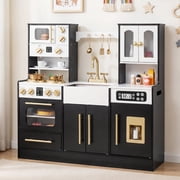 OLAKIDS Kids Kitchen Playset, Wooden Pretend Play Kitchen with Realistic Light Sound 14 Accessories, Toddler Cooking Toy for Boys Girls Aged 3+