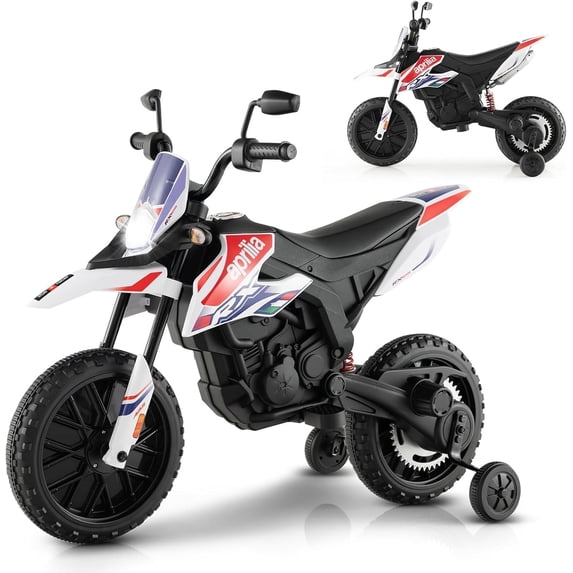 OLAKIDS Kids Motorcycle 12V, Licensed Aprilia RX125 Electric Ride-on Motorbike for Toddlers with Training Wheels, Spring Suspension, Headlight, Music, Children Ages 3-8 (Red)