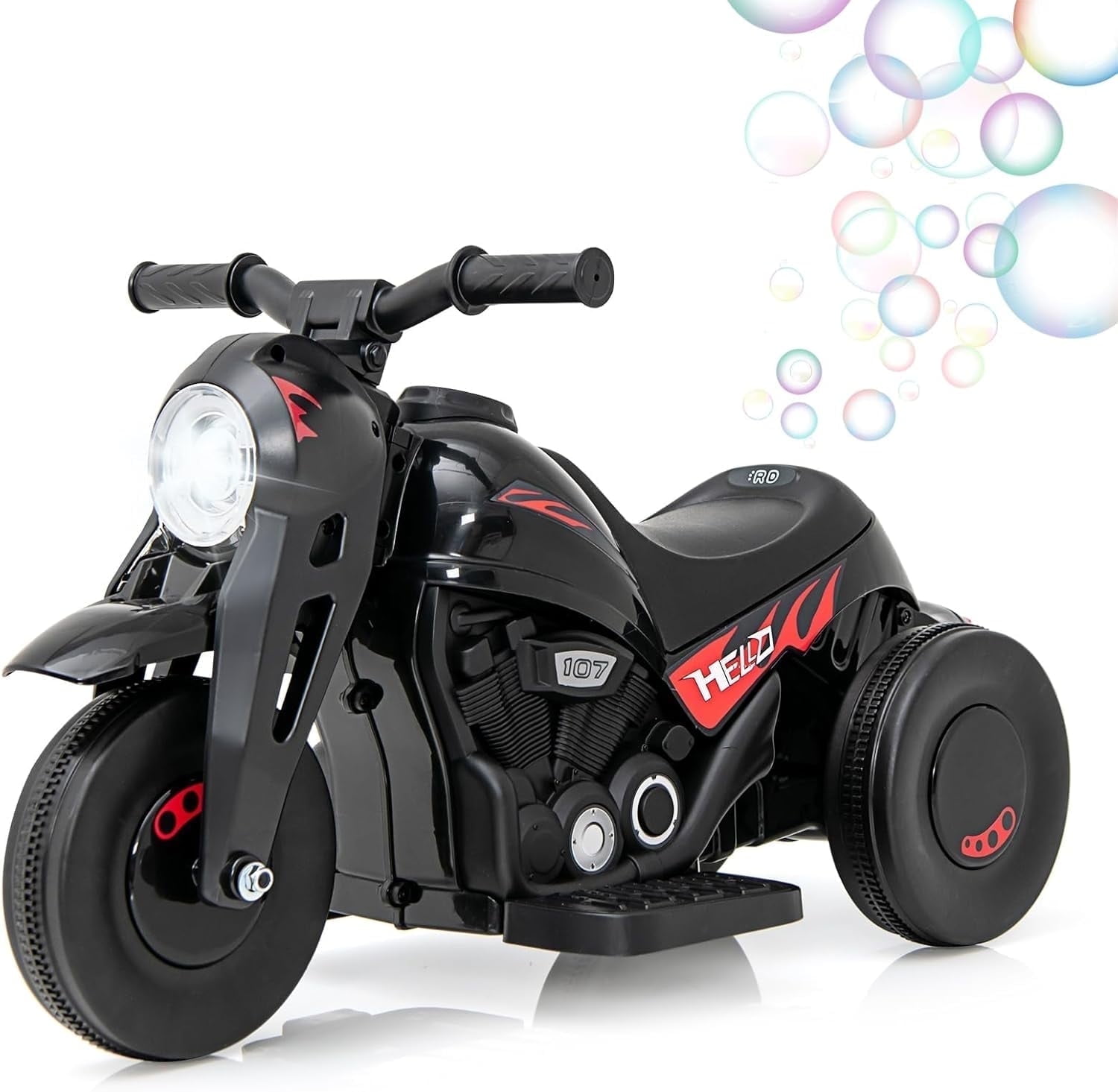 OLAKIDS Kids Motorcycle, 6V Electric Ride On Car with Automatic Bubble Function, Foot Pedal, Headlight, Music, 3 Anti-Skip Wheels Vehicle for Children, Toddler Ages 3+ (Black)