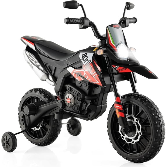 OLAKIDS Kids Motorcycle, Licensed Aprilia RX125 12V Ride on Electric Dirt Bike Motorbike with Training Wheels, Spring Suspension, Bluetooth, USB, Lights