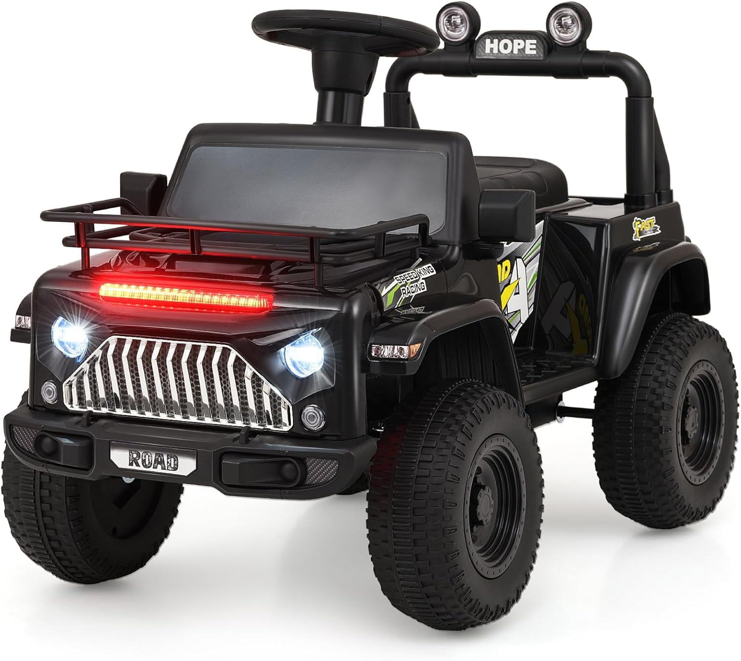 OLAKIDS Kids Ride on Car, 6V Battery Powered Electric Vehicle ATV for Toddlers with Foot Pedal, Music, Horn, Radio, Rear Storage, LED Lights, USB, 4 Wheels Toys for Boys Girls Aged 3-8 Years