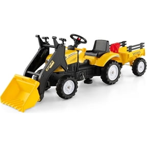 OLAKIDS Kids Ride on Excavator, Pedal Car Bulldozer with Manual Control Bucket, Detachable Cargo Trailer, Shovel, Rake, 6 Wheels, Horn, Construction Tractor for Toddlers 3+