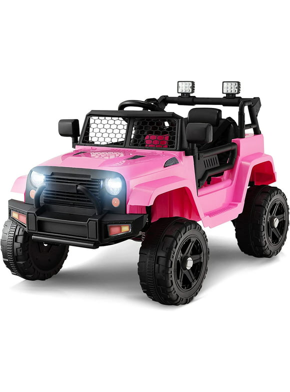 OLAKIDS Kids Ride On Truck, 12V Electric Vehicle Jeep Car with Remote Control, Toddlers Battery Powered Toy with 2 Speeds, Spring Suspension, Double Open Doors, LED Lights, Music, USB, Mp3 (Pink)