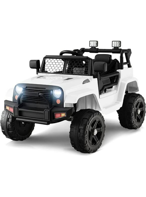 OLAKIDS Kids Ride On Truck, 12V Electric Vehicle Jeep Car with Remote Control, Toddlers Battery Powered Toy with 2 Speeds, Spring Suspension, Double Open Doors, LED Lights, Music, USB, Mp3 (White)