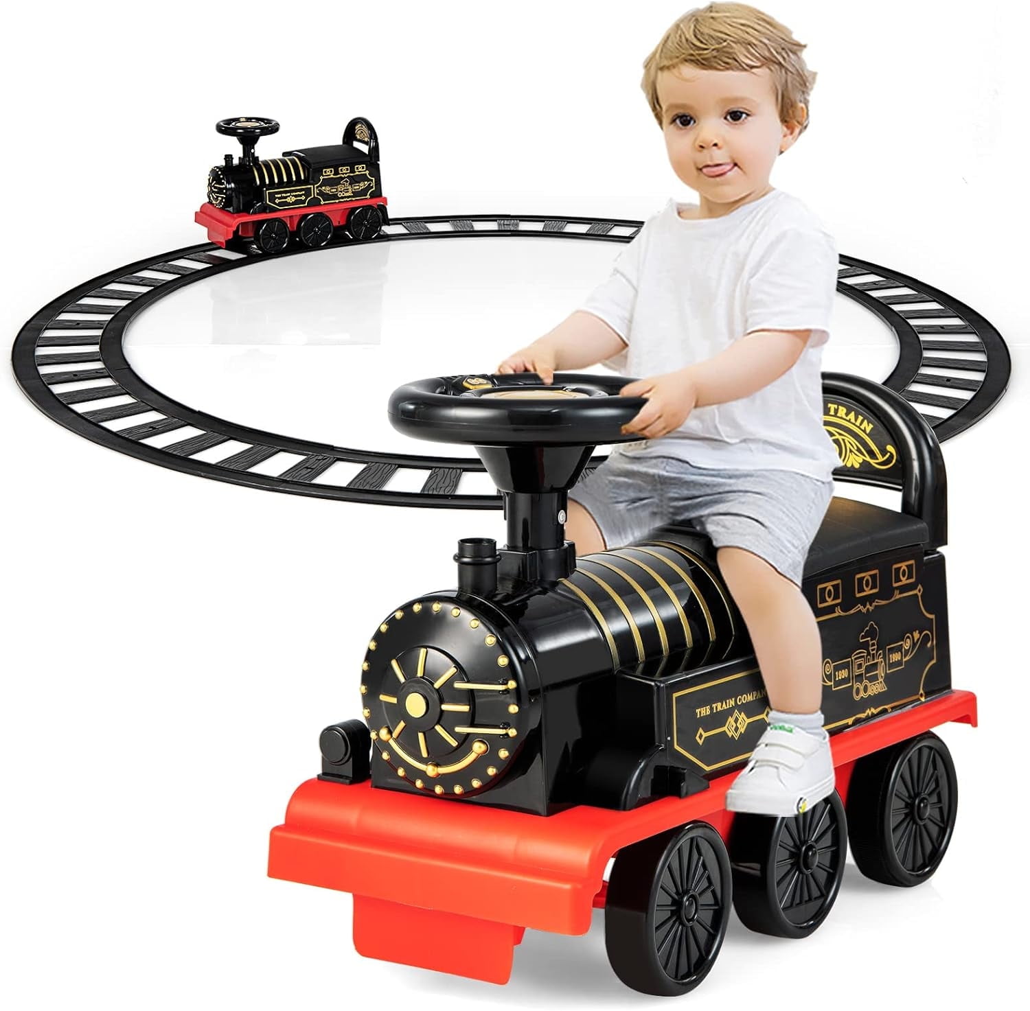 6V Black Electric Ride-On Train with Track and Storage