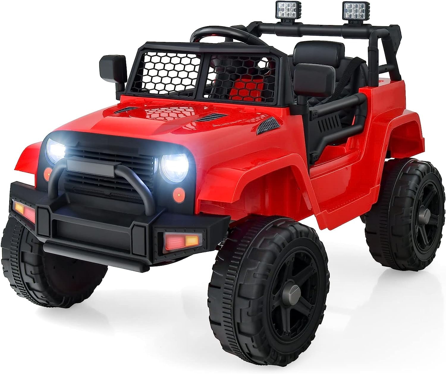 OLAKIDS Kids Ride On Truck, 12V Electric Vehicle Car with Remote Control, Toddlers Battery Powered Toy with 2 Speeds, Spring Suspension, Double Open Doors, LED Lights, Music, USB, Mp3 (Red)