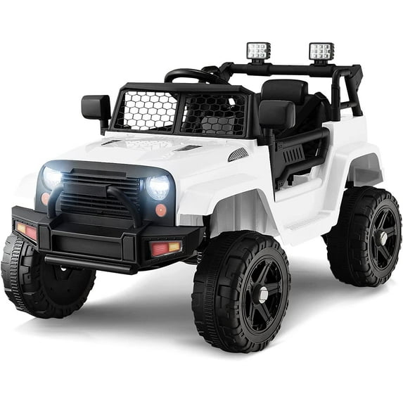 OLAKIDS Kids Ride On Truck, 12V Electric Vehicle Jeep Car with Remote Control, Toddlers Battery Powered Toy with 2 Speeds, Spring Suspension, Double Open Doors, LED Lights, Music, USB, Mp3 (White)