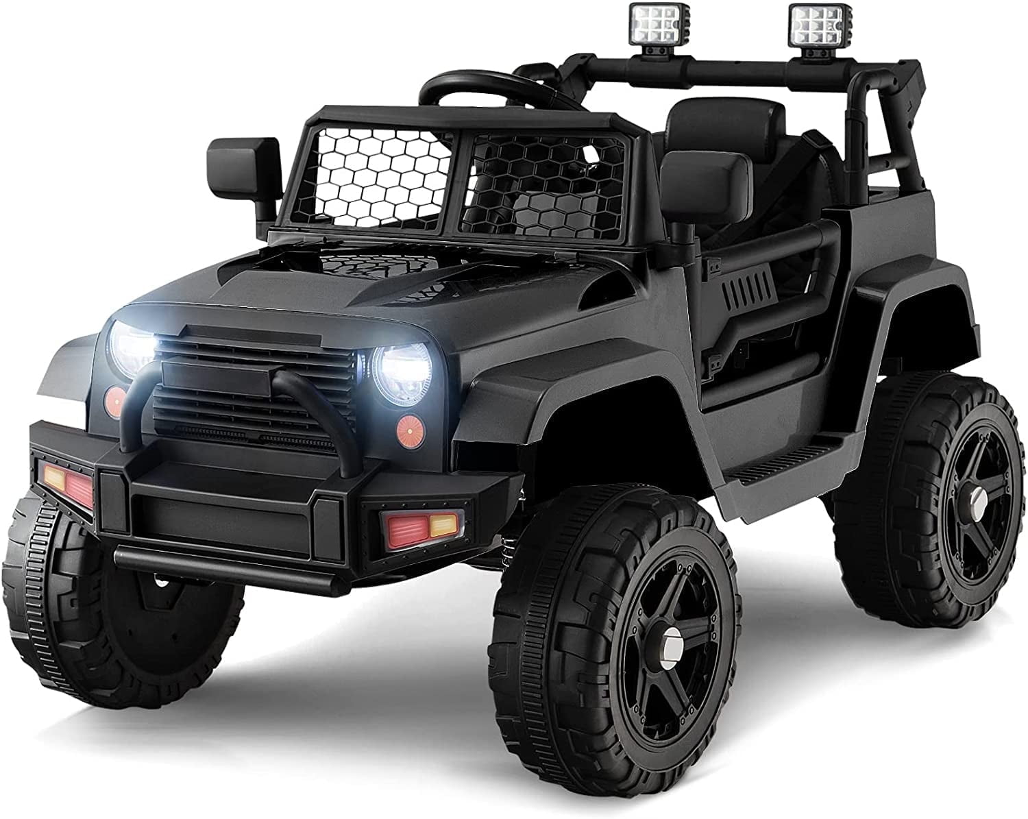 OLAKIDS Kids Ride On Truck, 12V Electric Vehicle Jeep Car with Remote Control, Toddlers Battery Powered Toy with 2 Speeds, Spring Suspension, Double Open Doors, LED Lights, Music, USB, Mp3 (Black)