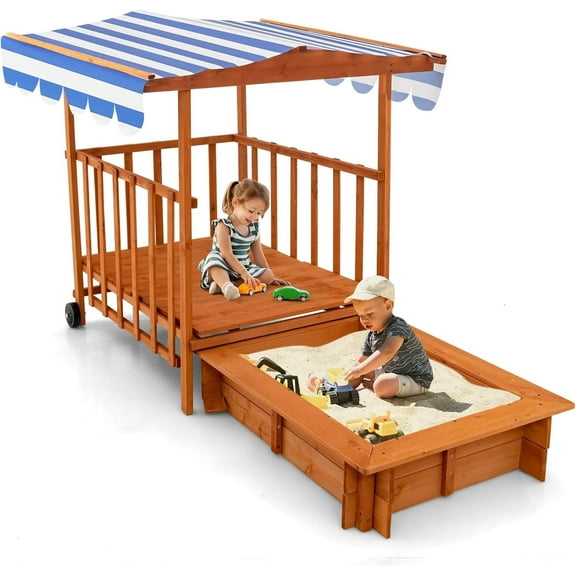 OLAKIDS Kids Sandbox with Canopy and Cover, Rear Wheels, Wooden Cedar Cabana Sandbox for Outdoor Backyard Play Home Lawn Garden Beach Children Outdoor Playset Sandpit