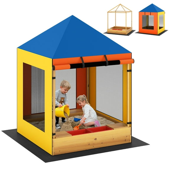OLAKIDS Kids Sandbox, Wooden Outdoor Sandbox with UV-Resistant Canopy Protection Bottom Liner, Children Sand Pit with 2 Removable Bins, Playhouse for Beach Backyard Gift for Boys Girls Aged 3+