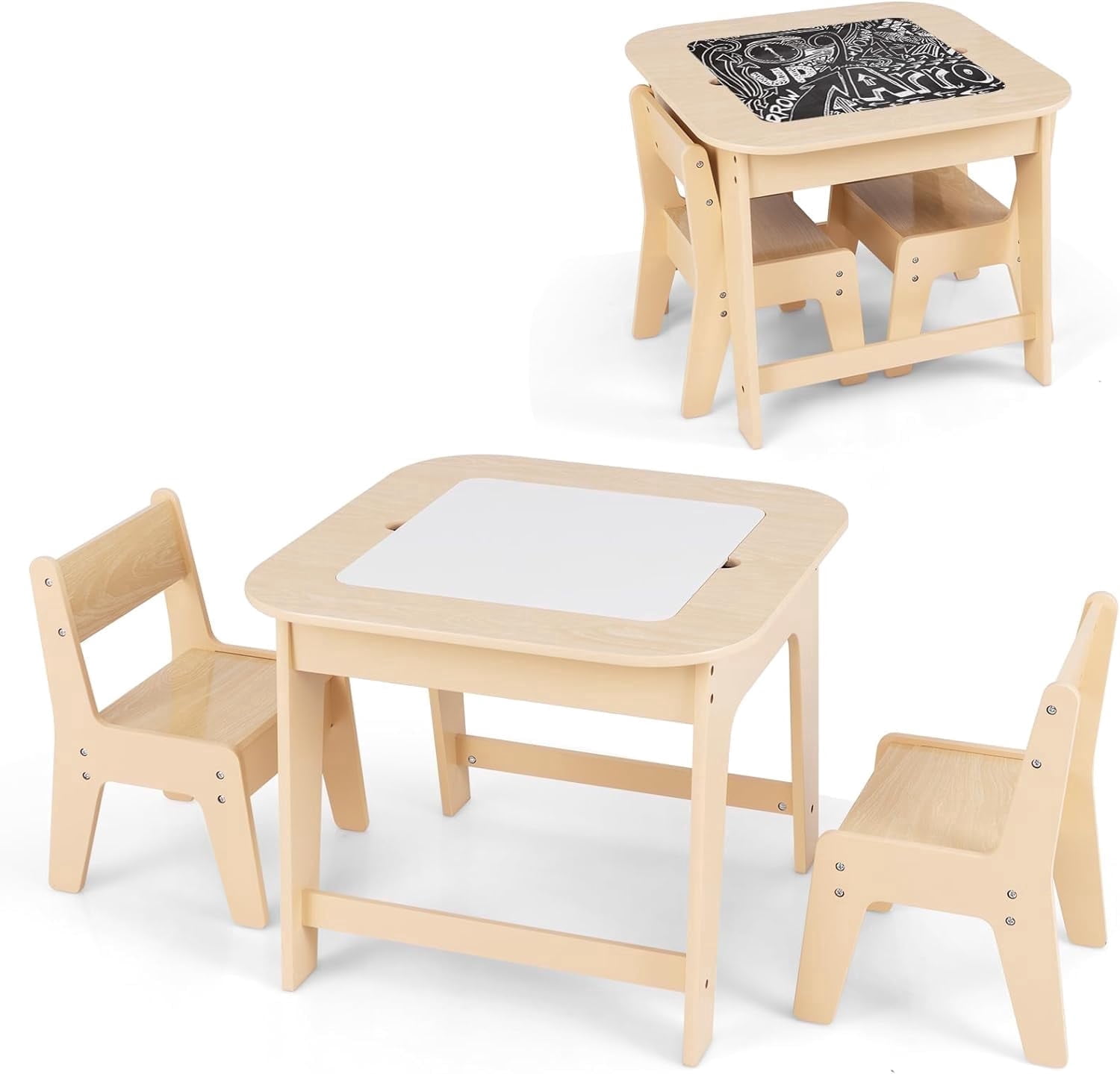 OLAKIDS Kids Table and Chair Set, 3 in 1 Wooden Activity Table with Removable Tabletop, Blackboard and Whiteboard for Toddlers Arts Crafts Drawing Reading Playing, Playroom Nursery (Natural)