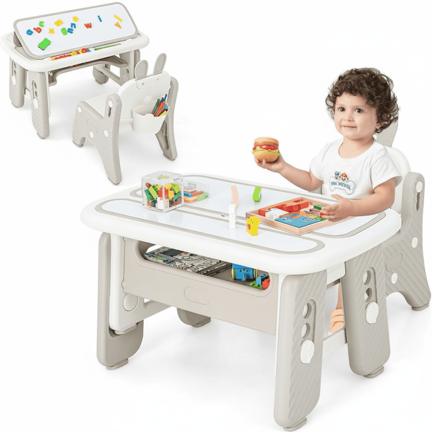 OLAKIDS  Kids Table and Chair Set, Activity Table with Magnetic Drawing Board 4 Gears Adjustable Height Bookshelf Watercolor Pens, Toddler Plastic Furniture Table for Playing Reading Eating
