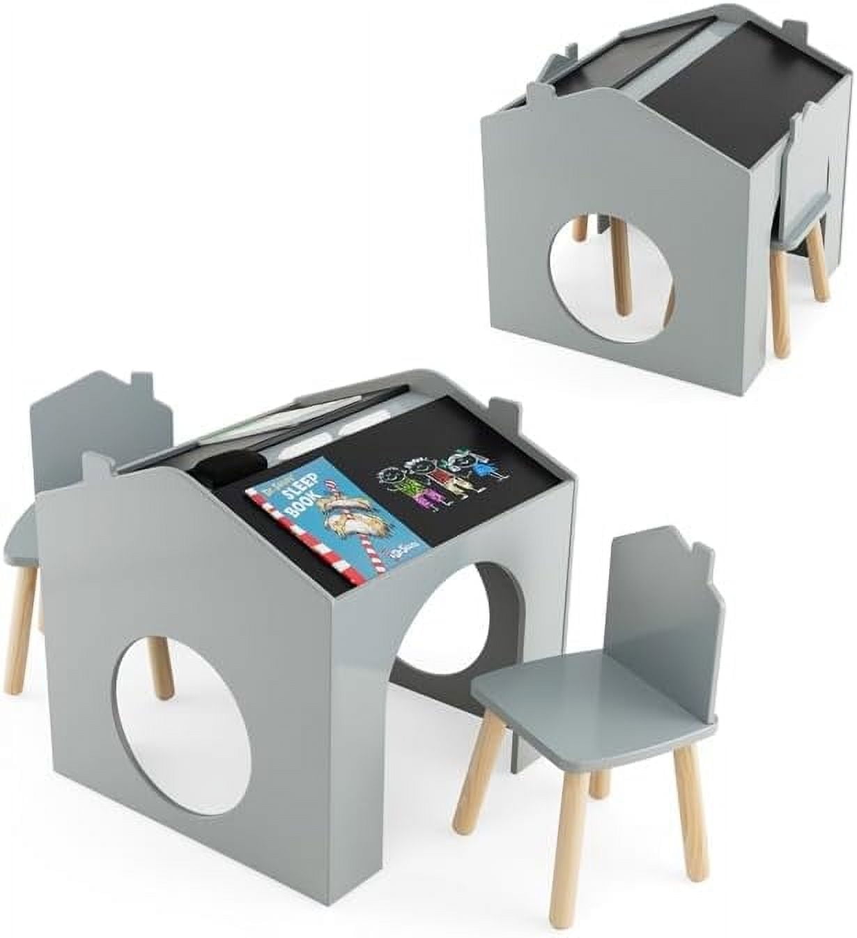 OLAKIDS Kids Table and Chair Set, Sturdy Wood Multi Activity Table with Blackboard for Toddler Playing Drawing Reading Arts Crafts, 3 Piece Children Furniture for Playroom Home School Classroom