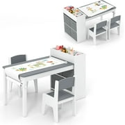 INFANS Kids Table and Chair Set, Toddler Art Craft Play Wood Activity Desk with 2 Chairs 4 Storage Canvas Bins Paper Roll for Writing Drawing, Children Furniture for Daycare Nursery