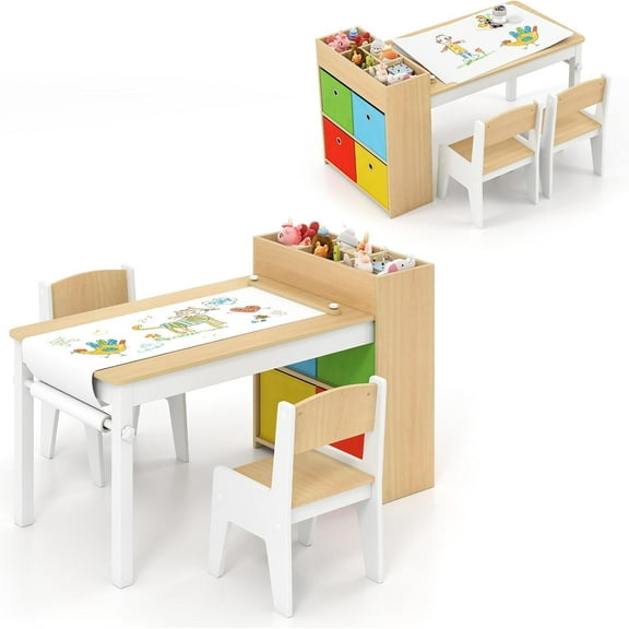 INFANS Kids Table and Chair Set, Toddler Art Craft Play Wood Activity Desk with 2 Chairs 4 Storage Canvas Bins Paper Roll for Writing Drawing, Children Furniture for Daycare Nursery