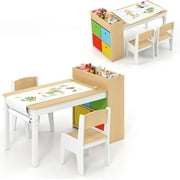 OLAKIDS Kids Table and Chair Set, Toddler Art Craft Play Wood Activity Desk with 2 Chairs 4 Storage Canvas Bins Paper Roll for Writing Drawing, Children Furniture for Daycare Nursery