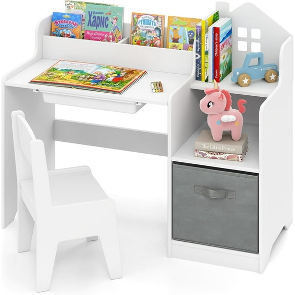 OLAKIDS Kids Table and Chair Set, Toddler Art Craft Play Wood Activity Desk with Chairs Storage Canvas Bin for Writing Drawing, Children Furniture for Daycare Nursery Boys Girls 3 