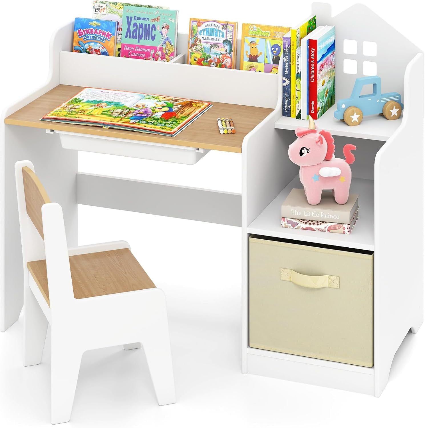 OLAKIDS Kids Table and Chair Set, Toddler Art Craft Play Wood Activity Desk with Chairs Storage Canvas Bin for Writing Drawing, Children Furniture for Daycare Nursery Boys Girls 3+