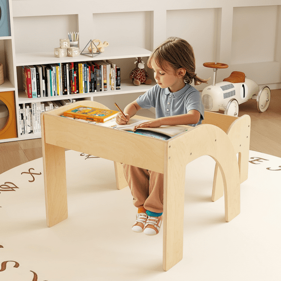 OLAKIDS Kids Table and Chair Set, Wooden Activity Table for Toddlers Arts Crafts Drawing Reading Playing Building Block Drawing, Children Natural Furniture Set for Playroom Nursery (Natural)