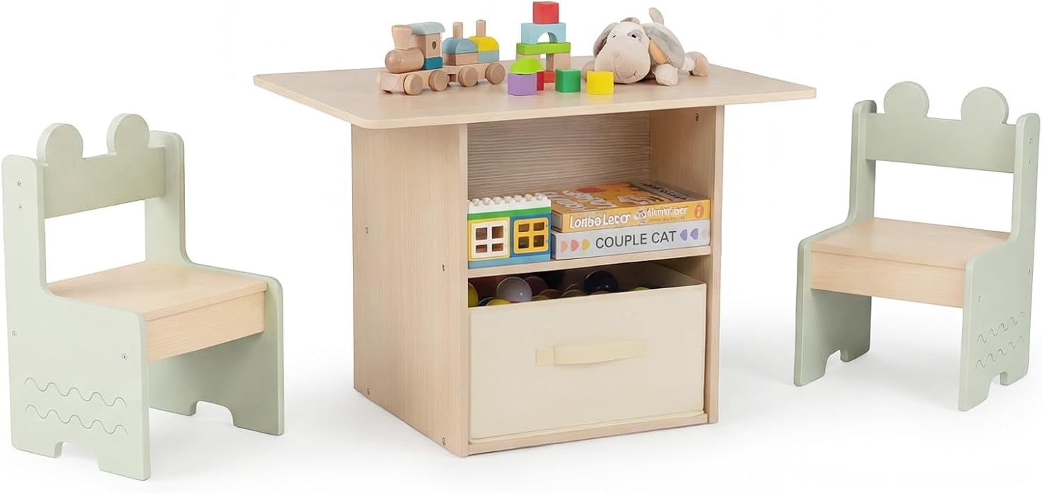 OLAKIDS Kids Table and Chair Set, 4 in 1 Wooden Activity Desk with Foldable Storage Drawer, Children Furniture for Art Crafts Drawing Reading Dining