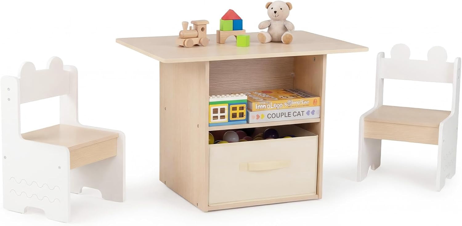 OLAKIDS Kids Table and Chair Set, 4 in 1 Wooden Activity Desk with Foldable Storage Drawer, Children Furniture for Art Crafts Drawing Reading Dining