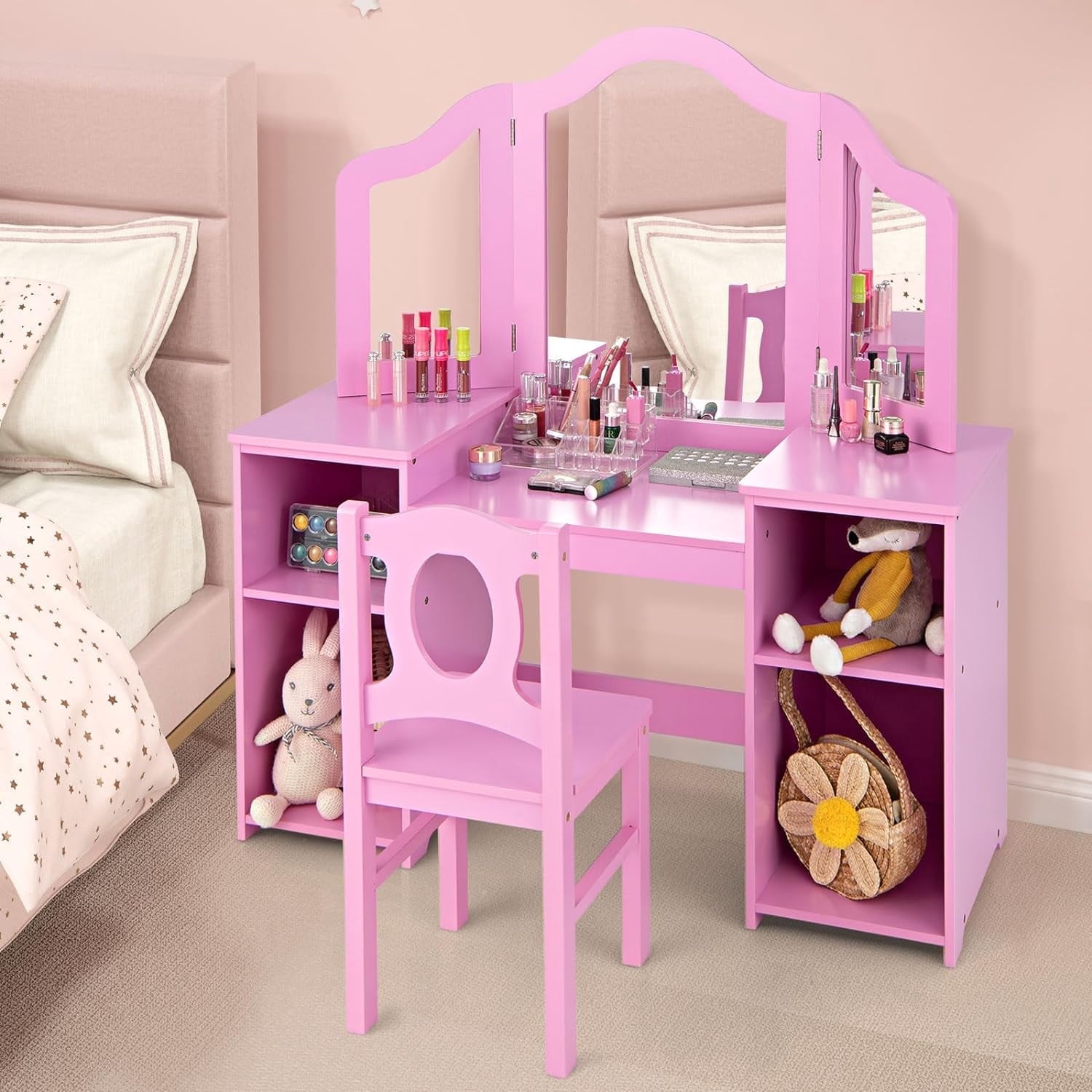 OLAKIDS Kids Vanity, 2 in 1 Princess Makeup Desk & Chair Set with Tri-Folding Detachable Mirror, Large Storage Shelves, Wooden Dressing Table, Pretend Play Vanity Set for Girls