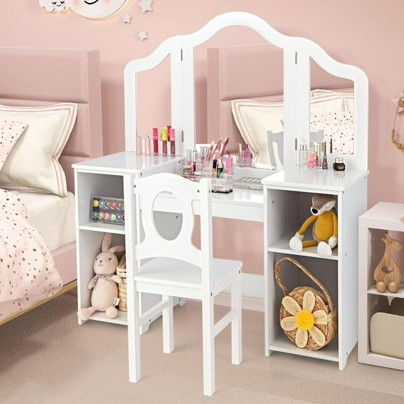 OLAKIDS Kids Vanity, 2 in 1 Princess Makeup Desk & Chair Set with Tri-Folding Detachable Mirror, Large Storage Shelves, Wooden Dressing Table, Pretend Play Vanity Set for Girls