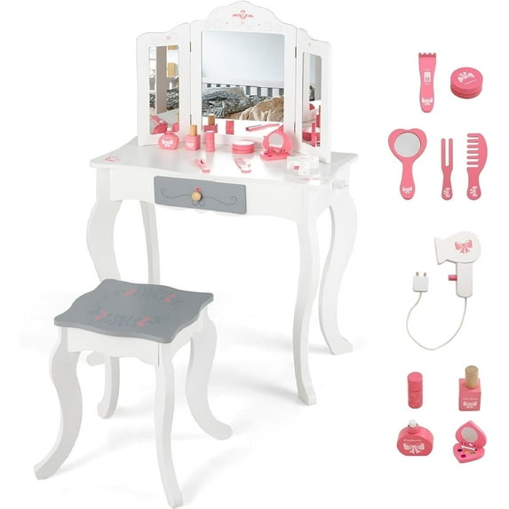 OLAKIDS Kids Vanity, 2 in 1 Princess Makeup Desk and Stool Set with Tri-Folding Detachable Mirror 10 Accessories and a Storage Drawer, Wooden Dressing Table, Pretend Play Vanity Set for Toddler Girls
