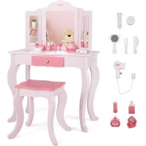 OLAKIDS Kids Vanity, 2 in 1 Princess Makeup Desk and Stool Set with Tri-Folding Detachable Mirror 10 Accessories and a Storage Drawer, Wooden Dressing Table, Pretend Play Vanity Set for Toddler Girls