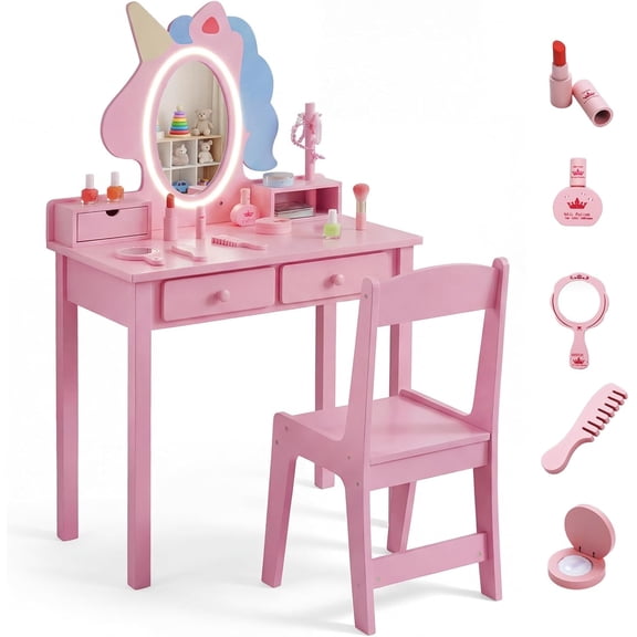 OLAKIDS Kids Vanity with Lights, Princess Makeup Dressing Desk with Jewelry Hanger, Mirror, Storage Drawers, Toy Accessories, Toddler Table and Chair Set Pretend Playset for Girls Aged 3-6