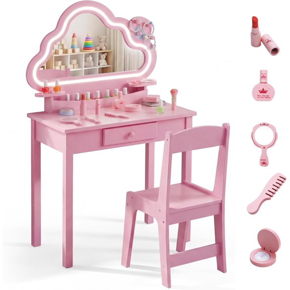 OLAKIDS Kids Vanity with Lights, Princess Makeup Dressing Desk with Mirror, Jewelry Hanger, Toy Accessories, Storage Drawers, Toddler Table and Chair Set Pretend Playset for Girls Aged 3-6