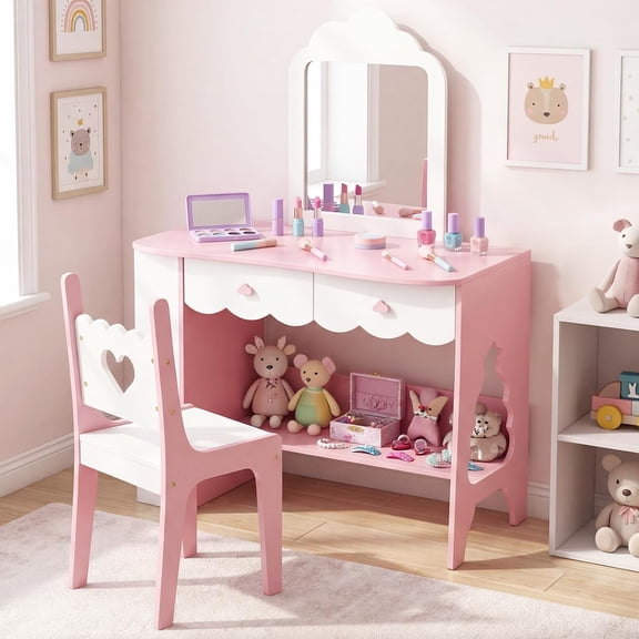 OLAKIDS Kids Vanity, Princess Makeup Desk with Mirror Open Shelves Storage Drawers, Toddler Table and Chair Set for Girls Aged 3+