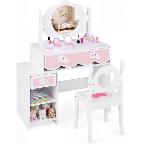 OLAKIDS Kids Vanity, Princess Wooden Makeup Desk with 360° Swivel Mirror Adjustable Shelves Storage Drawers, Toddler Table and Chair Set for Girls Aged 3