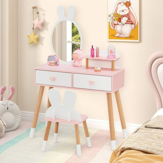 OLAKIDS Kids Vanity Set, 2 in 1 Wooden Princess Makeup Table and Chair with Mirror Storage Drawers Shelf, for Little Girls, Rabbit Themed Toddler Dressing Desk Beauty Play Set Gift