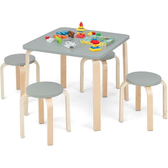 OLAKIDS Kids Wooden Table and Stool Set, 5-Piece Activity Table with 4 Stools for Toddler Building Block Drawing Reading Art Crafts, Children Natural Furniture Set for Kindergarten Classroom