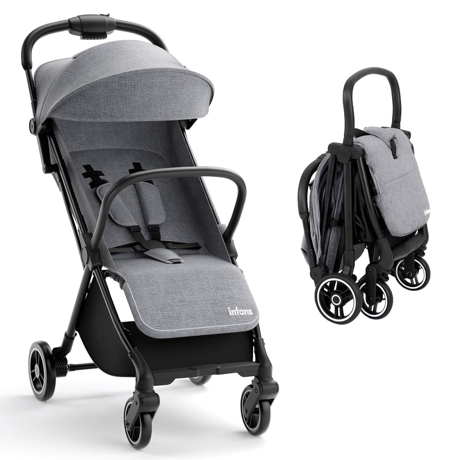 INFANS Lightweight Baby Stroller, 1 Second Fold, Compact Travel Stroller for Airplane with Aluminium Frame, Adjustable Backrest and Canopy, Foldable Infant Toddler Stroller