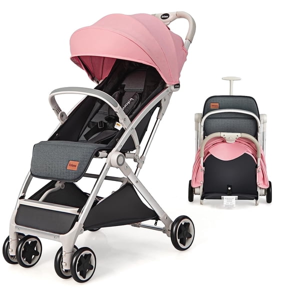 INFANS Lightweight Baby Stroller, Compact Stroller with One-Hand Fold, Travel Stroller for Airplane with Cup Holder, 5-Point Harness, Foot Cover, Canopy, Infant Stroller for 0-36 Month (Pink)