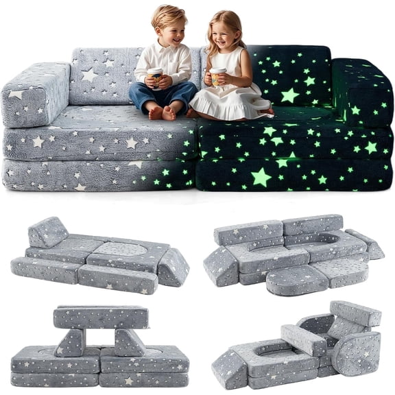 OLAKIDS Modular Kids Play Couch, 10PCS Toddler Creative Sectional Fort Building Sofa for Playroom, Bedroom, Children Convertible Soft Foam Furniture Playset Floor Cushion Boys Girls