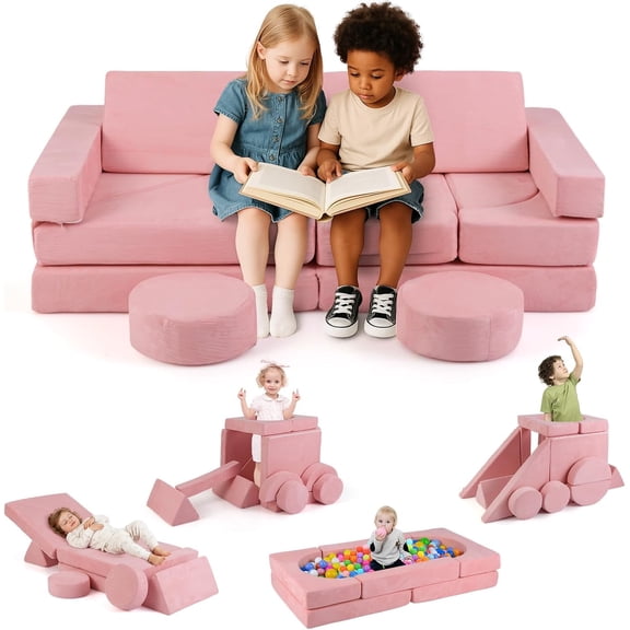 INFANS Modular Kids Play Couch, 13 PCS Toddler Creative Sectional Fort Building Sofa for Bedroom, Playroom, Children Convertible Versatile Soft Foam Furniture Playset Crawling Floor Cushion
