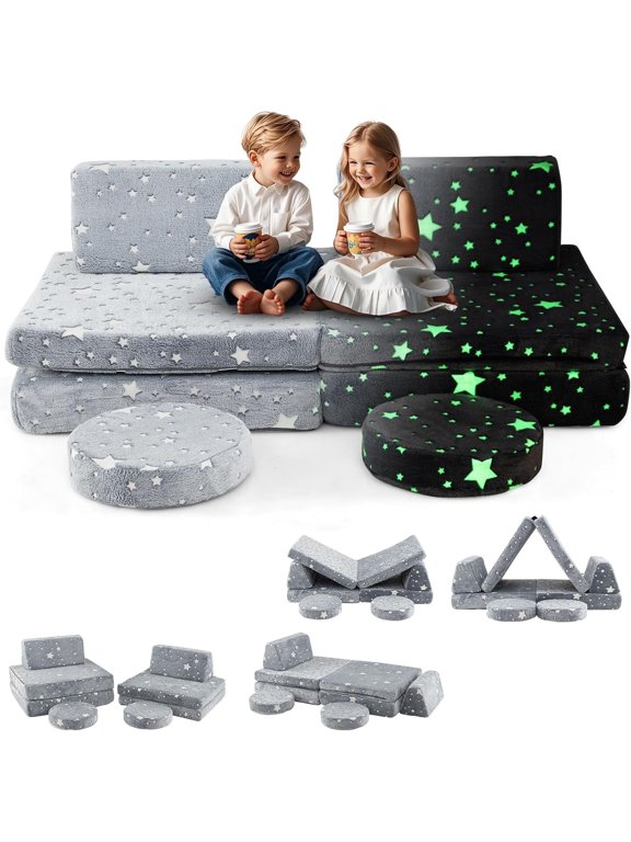 Modular Kids Play Couch, 6 PCS Toddler Creative Sectional Fort Building Sofa for Playroom, Bedroom, Children Convertible Soft Foam Furniture Playset Floor Cushion Boys Girls