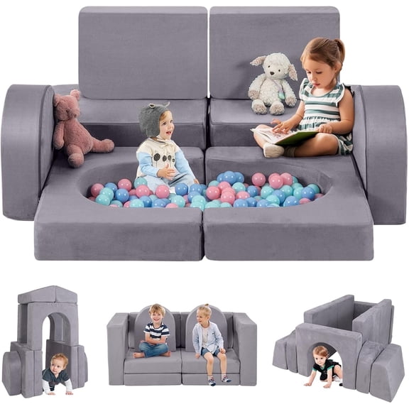 INFANS Modular Kids Play Couch, 8 PCS Toddler Creative Sectional Fort Building Sofa for Playroom, Bedroom, Children Convertible Versatile Soft Foam Furniture Playset Crawling Floor Cushion