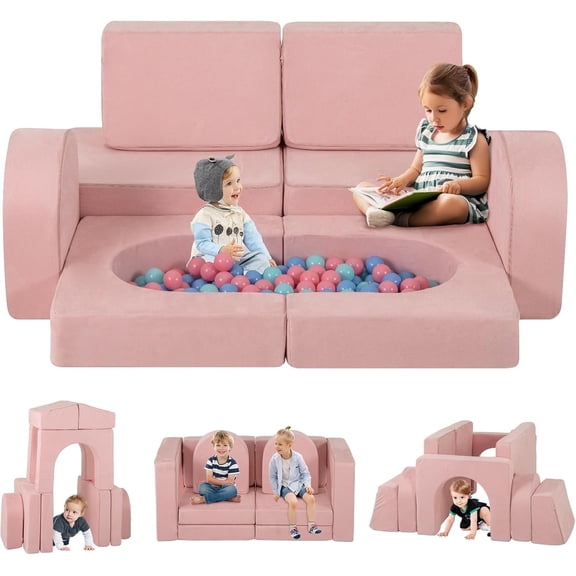 INFANS Modular Kids Play Couch, 8 PCS Toddler Creative Sectional Fort Building Sofa for Playroom, Bedroom, Children Convertible Versatile Soft Foam Furniture Playset Crawling Floor Cushion