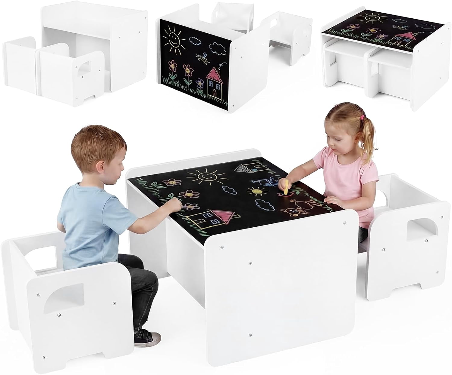 OLAKIDS Montessori Weaning Table and Chair Set, Adjustable Height Kids Activity Desk with Blackboard 2 Chairs for Toddler Aged 1-3, Ideal for Step Stool Drawing Reading