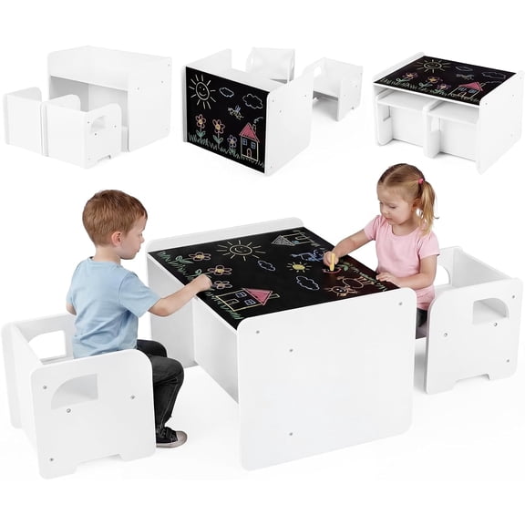 OLAKIDS Montessori Weaning Table and Chair Set, Adjustable Height Kids Activity Desk with Blackboard 2 Chairs for Toddler Aged 1-3, Ideal for Step Stool Drawing Reading