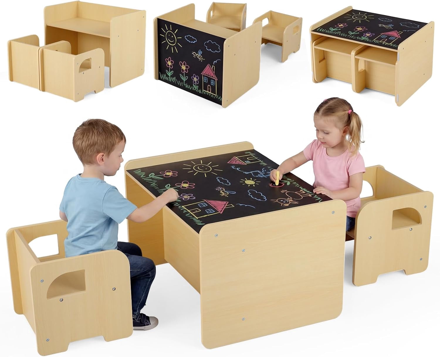 OLAKIDS Montessori Weaning Table and Chair Set, Adjustable Height Kids Activity Desk with Blackboard 2 Chairs for Toddler Aged 1-3, Ideal for Step Stool Drawing Reading