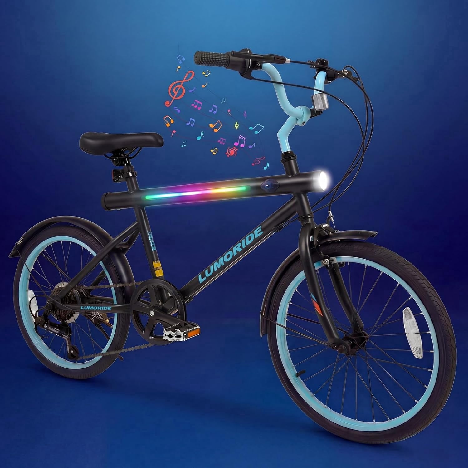 OLAKIDS Mountain Bike, 20 Inch Bicycle with 7 Lighting Modes Bluetooth Music 6 Speed Drivetrain